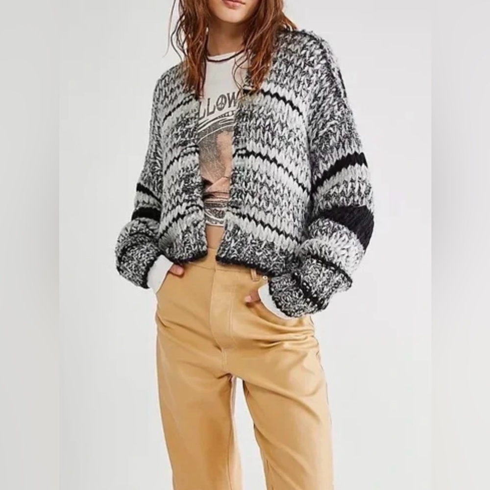 Free People Wanderer Black and Gray Chunky Knit Cardigan - Size S